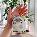 Cute penguin plush keychain wearing green frog costume with silver metal clasp hook - Plain Chain / Green / 10cm