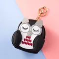 Cute black and grey owl coin purse keychain with red embroidery and gold clasp - Black