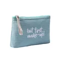 Blue striped canvas makeup bag with wristlet handle and but first make-up text - Striped Green