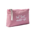 Pink striped canvas makeup bag with 'but first, make-up!' print and zipper closure - Striped Pink