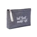 Striped denim cosmetic bag featuring but first, make-up! slogan and white hand strap - Striped Grey