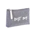 Blue denim mini makeup pouch with white BEST DAY print and leather zipper puller - Letter Grey