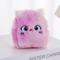 Pink plush cat coin purse with embroidered eyes and gradient faux fur texture - B50 Plush Key Pouch In Colorful Cat Rose Red