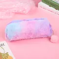 Cute gradient plush pencil case in candy colors with a soft pompom charm and zipper - Pastel Purple