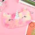 Estuche de unicornio de peluche para niñas, tela degradada colorida con cuerno plateado - Rosa Rojo Guiñando