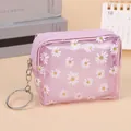 Detail of purple transparent daisy coin purse with floral pattern and silver keychain - Purple