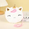 Close-up of white plush unicorn kids bag with golden horn and pink strap detail - White (Sharp Horn)