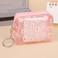 Close-up of pink daisy coin purse with clear PVC texture and metal keyring hook - Pink