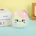 Close-up of rainbow plush cat coin purse with soft pastel colors and metal keychain hook - Rainbow Pink Cat