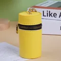 Yellow round mini coin purse in cross-grain leather with gold keychain and zipper - Yellow