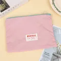 Detail of pink waterproof makeup bag with blue zipper and Perfect logo patch - Horizontal / Pink (Horizontal)