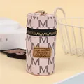 Pink cylinder mini pouch with black M letter print, golden zipper and metal keychain hook - Pink