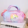 Detalle del bolso de felpa degradado arcoíris con bordado de unicornio y correa - Púrpura Multicolor