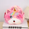 Detailed view of plush unicorn bag featuring soft rainbow fur and sequin embroidered eyes - Squinting Style / Rose Gold Rainbow