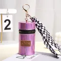 Macro detail of purple holographic mini pouch with checkerboard ribbon and gold hook - Purple (A243)