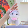 Close-up of a cute plush cat keychain with pink sunglasses and a metal ring clip - Hanging Chain Style / Gray