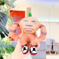 Close-up of plush doll with weary expression wearing miniature sneakers and green sprout - Orange Brown Anthropomorphic Muscle Man (Iron Ring)