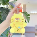 Close-up of yellow plush kitten keychain with embroidered face and tiny water bottle accessory - 12cm With Chain / Holding Yellow Water Cup