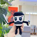Detailed shot of a plush ninja doll with dual swords and black and white uniform - Black Ninja Small (Gold Clasp)