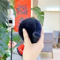 Close-up of a soft black plush dumbbell keychain with red and white fabric details - Billiards Style (Hanging Chain)