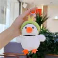 Close-up of white plush duck keychain with green hat, orange beak, and silver metal ring - Black Stripe Green Hat Duck / Plain Chain