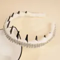 Sparkling white plush headband with rhinestones and anti-slip teeth for women - White