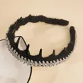 Sparkling rhinestone plush headband in black with non-slip teeth for elegant hair styling - Black