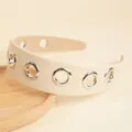 Chic beige PU leather wide headband with silver metal eyelets and anti-slip design - White
