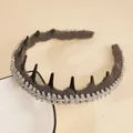 Gray plush headband with sparkling rhinestones and non-slip inner teeth design - Dark Gray