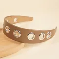 Brown PU leather wide headband with silver metal eyelets and anti-slip lining - Khaki
