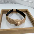 Handmade khaki raffia straw headband with center knot design and soft black inner lining - Wide Style (4cm) / Beige