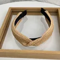 Natural straw woven wide headband with stylish knot detail in light brown finish - Beige