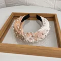 Knotted velvet headband with pearls in beige and light brown bicolor design - Off White