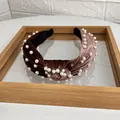 Knot velvet headband with pearls in brown and pink color block style for women - Coffee