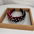 Velvet knotted headband in burgundy with white pearl embellishments and a retro wide design - Burgundy