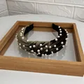 Knotted wide headband in dark olive velvet fabric with scattered white faux pearls - Army Green