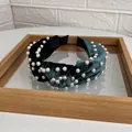 Dark cyan velvet knot headband with elegant faux pearl embellishments and wide band design - Dark Green