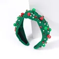 Christmas knotted headband in green knit fabric with red and white pearls and rhinestones - Christmas Green