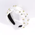 Knotted white fabric headband with baroque pearls and rhinestones on a gold setting - White