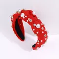 Red knotted headband with Baroque pearls and sparkling rhinestones on fabric - Red