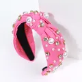 Baroque knotted headband with pink rib knit fabric, white pearls and sparkling rhinestones - Rose Red