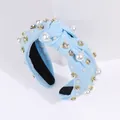Light blue knotted headband with baroque pearls and rhinestones on fabric - Sky Blue