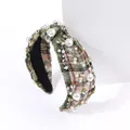Cerchietto a quadri verde scuro con perle bianche e strass scintillanti stile elegante - Cuoio
