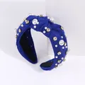 Royal blue knotted headband featuring white baroque pearls and sparkling rhinestones - Blue