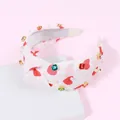 Cerchietto a nodo con cuori rossi, gemme colorate e perle su tessuto bianco - Arancione