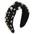 Black knotted headband decorated with baroque pearls and sparkling rhinestones for women - Black