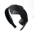 Bohemian black raffia bow headband with woven hollow grid pattern for women - Black