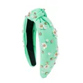 Detail of mint green knotted headband with white camellia flowers, pearls and rhinestones - Mint Green