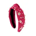 Detail of rose red knotted headband with floral charms, pearls and colorful rhinestones - Rose Red