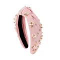 Pink knotted headband with white camellia flowers, pearls and crystal rhinestones - Light Pink